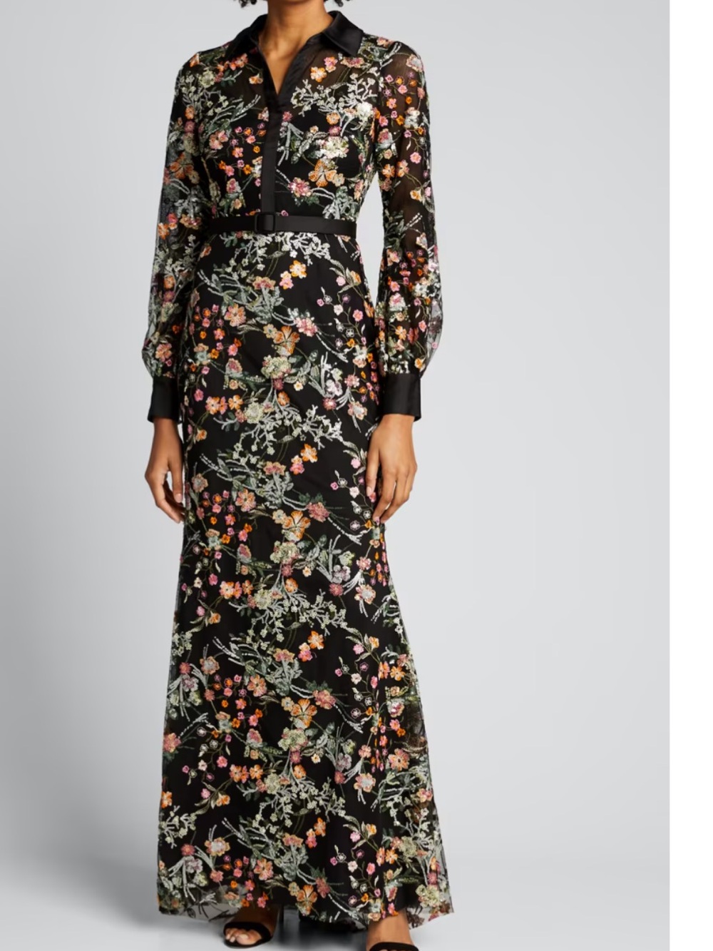 Badgley Mischka Floral Embroidered Tulle Long-Sleeve Column Gown - Size 4
